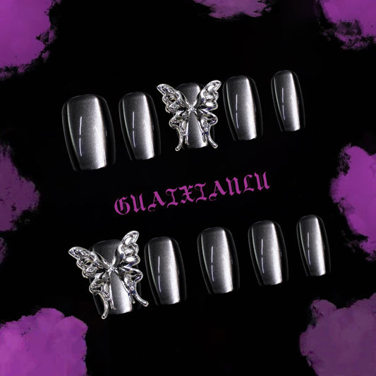 Mystical Elegance Short Square Metallic Gray Press on Nail Set with Butterfly Accent