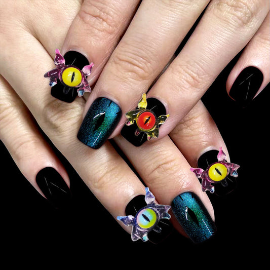 Mystical Dreamscape Short Square Black Press on Nail Set with Colorful Eye Accent Design