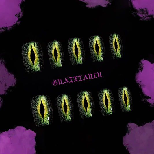 Mystical Jungle Green Medium Square Press On Nail Set with Unique Cat Eye Design in Oval Shape