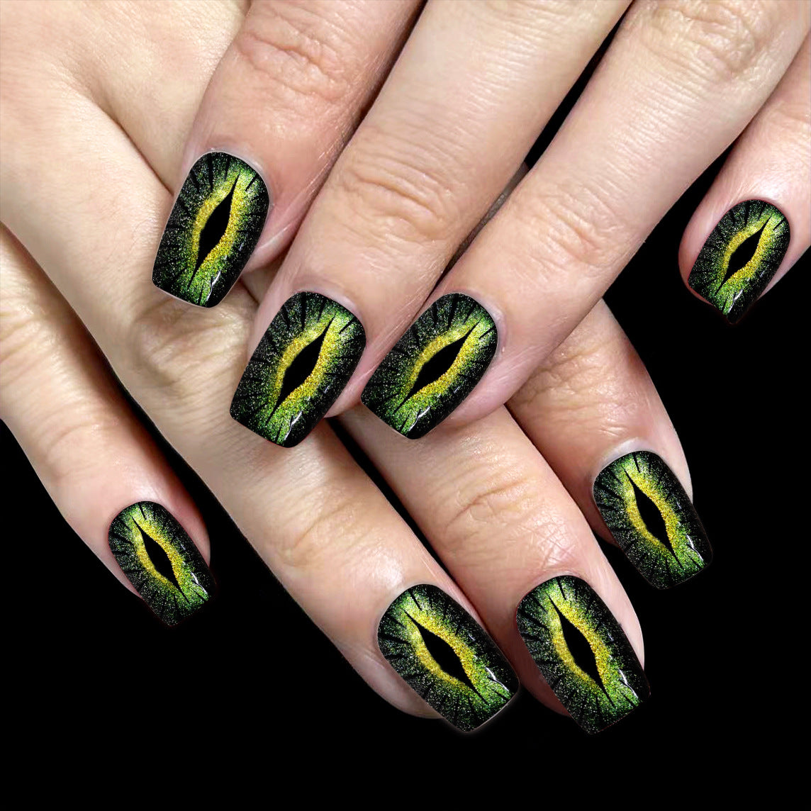 Mystical Dragon Eye Medium Square Press On Nail Set in Green and Black with Glittering Finish
