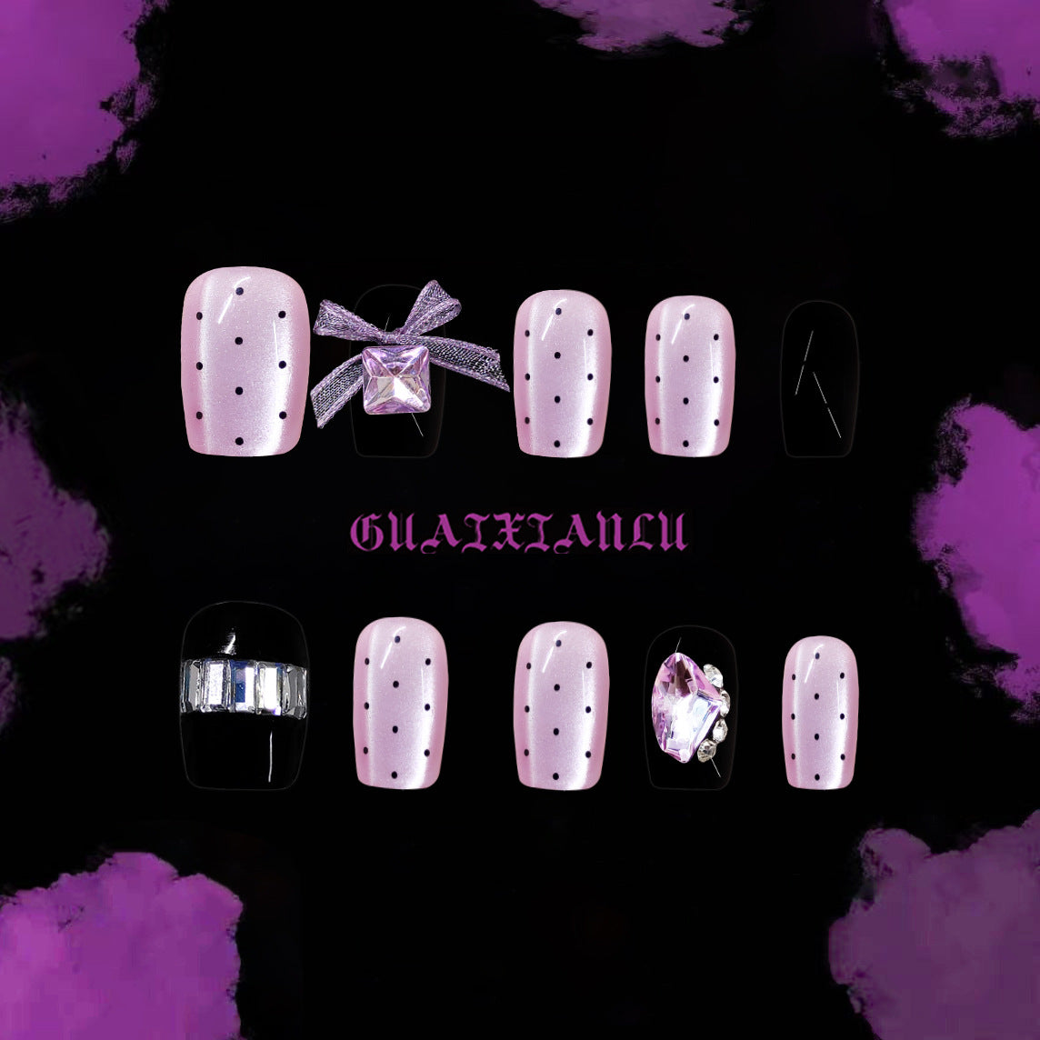 Glamorous Dotty Elegance Short Square Light Pink with Jewel Embellishments Nail Set