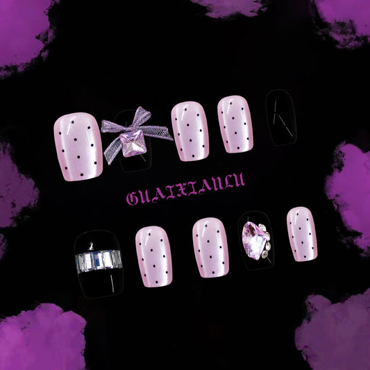 Whimsical Elegance Short Square Pink Nails with Dots and Sparkling Embellishments