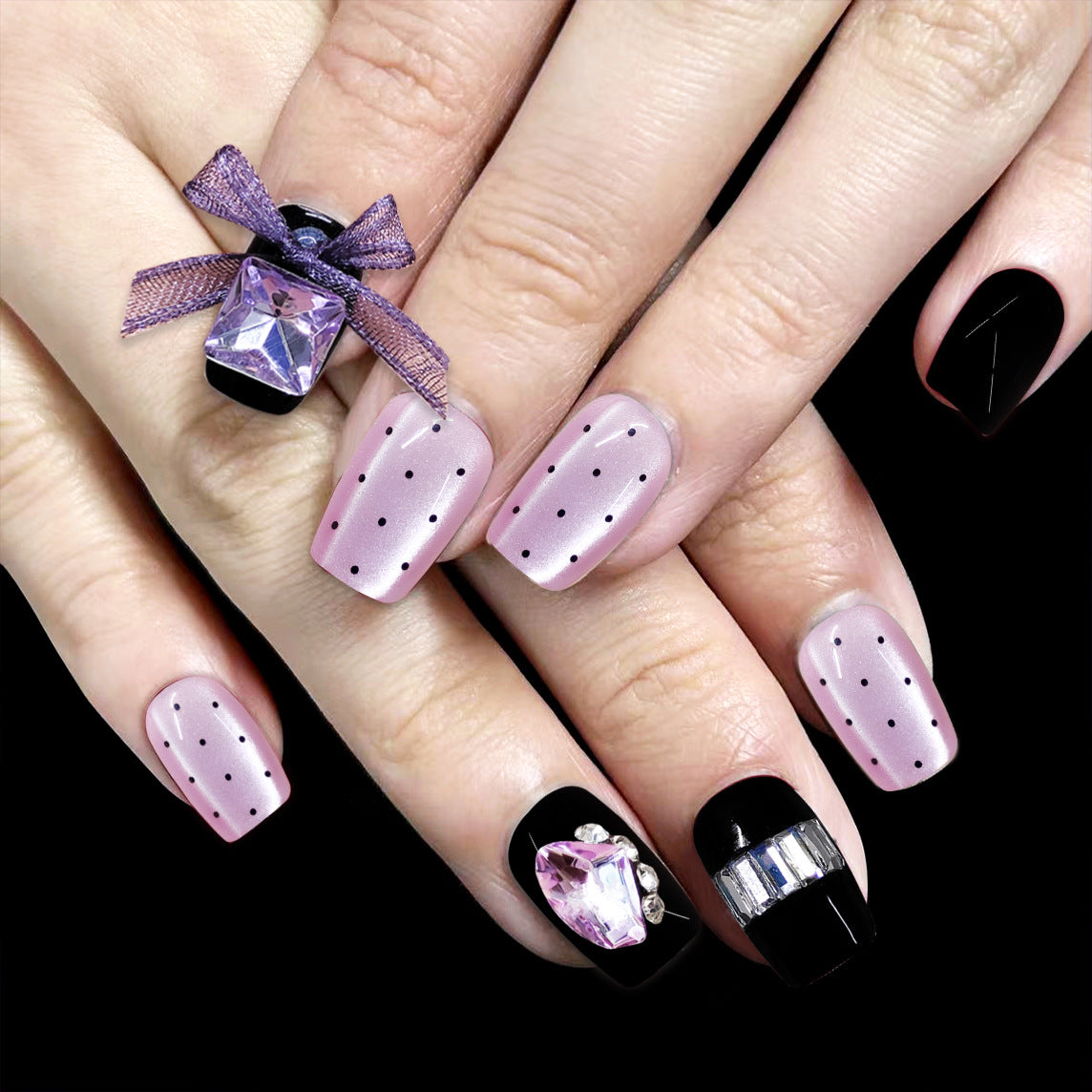 Chic Elegance Short Square Soft Pink with Black Dots and Sparkling Jewel Accents Press-On Nail Set