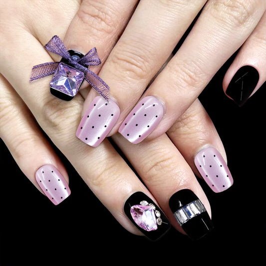 Chic Elegance Short Square Soft Pink with Black Dots and Sparkling Jewel Accents Press-On Nail Set