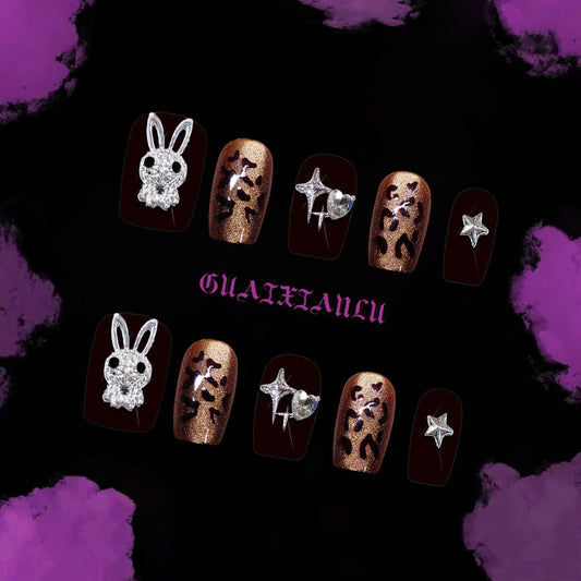 Enchanting Autumn Glamour Medium Square Brown Glitter with Unique Bunny and Star Decor Press On Nail Set