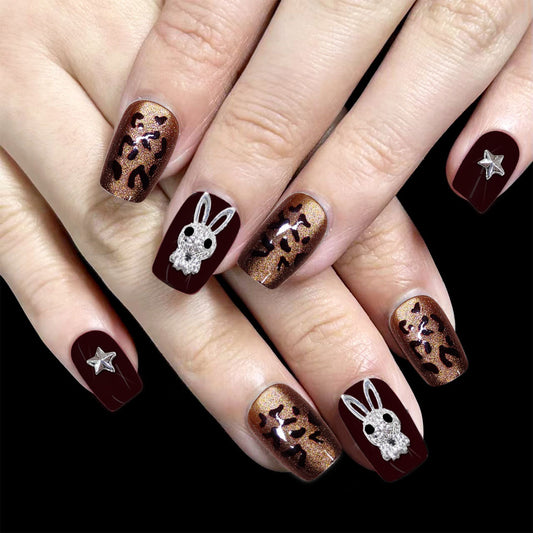 Enchanted Autumn Press On Nail Set Short Square Length Deep Burgundy with Sparkling Skull and Bunny Design