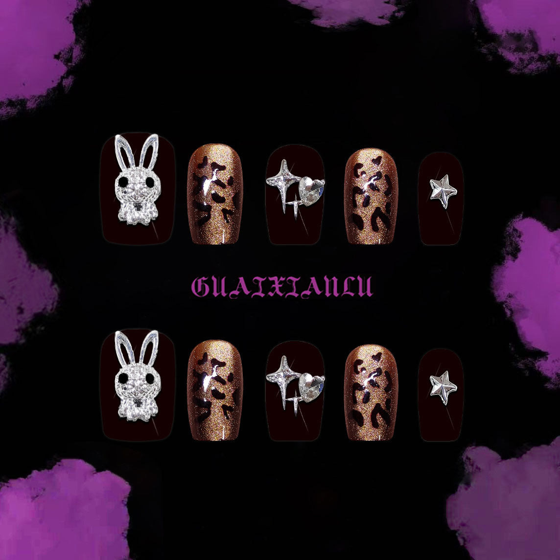 Enchanting Night Vibes Medium Square Brown Metallic Press On Nail Set with Unique Glitter and Chic Charms