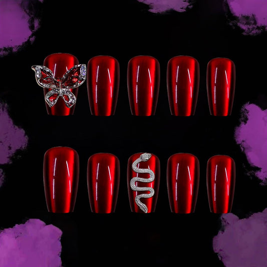 Glamorous Elegance Medium Coffin-Shaped Glossy Red Press-On Nail Set with Butterfly and Snake Accent