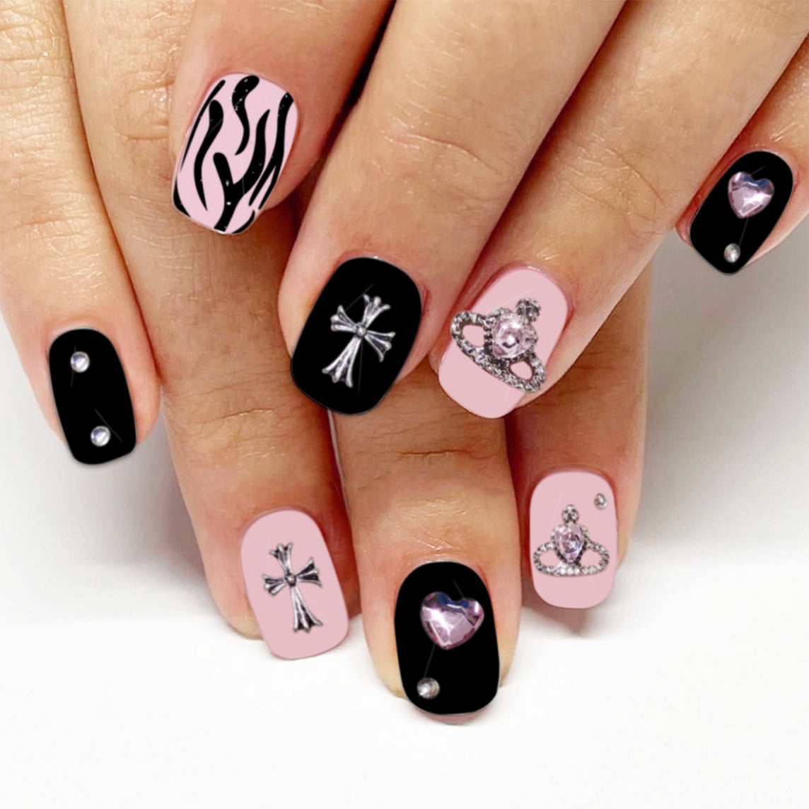 Elegant Charm Press On Nail Set in Short Length Square Shape Pink and Black with Sparkling Jewel Accents