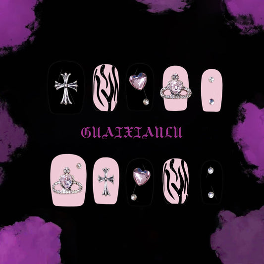 Gothic Glam Short Square Pink with Unique Cross and Heart Accents Nail Set