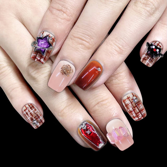 Chic Autumn Elegance short Square Shaped Warm Brown and Tan Floral Accents Press On Nail Set