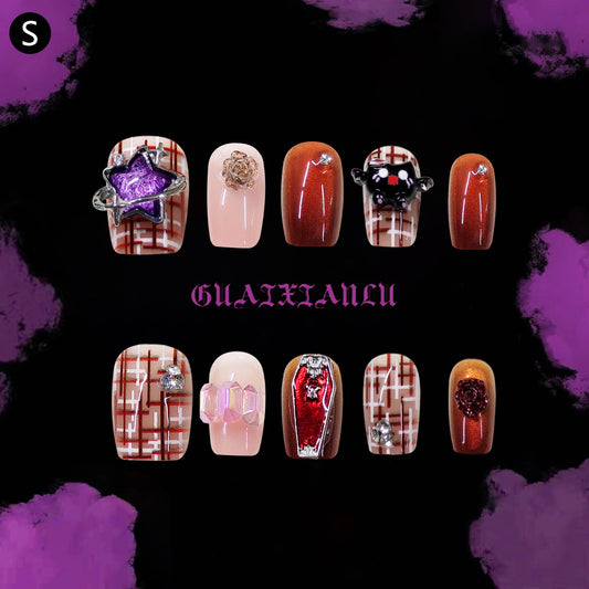 Gothic Elegance Short Square Maroon and Beige Press On Nail Set with Unique Gemstone Accents