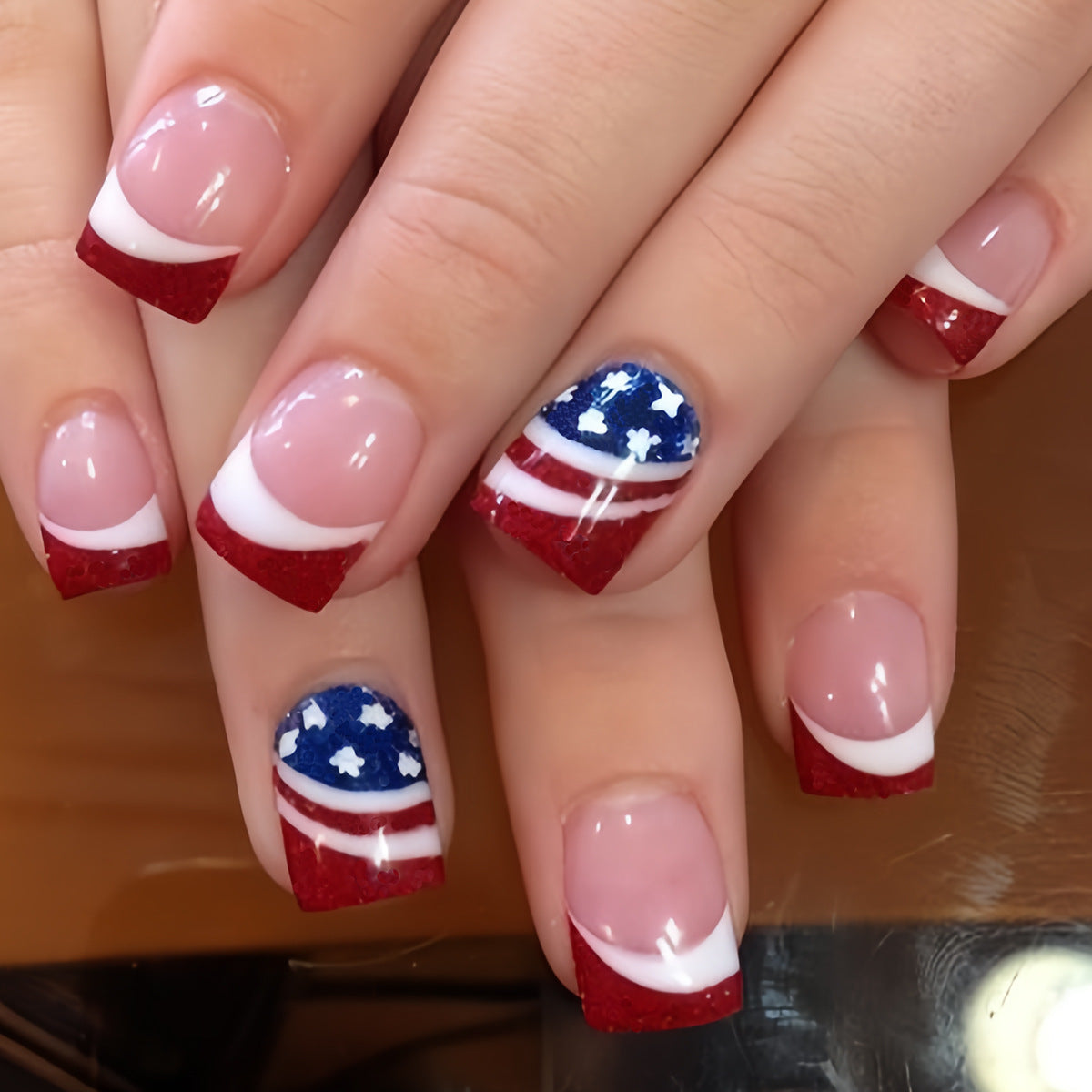 Stars and Stripes Glamour Elegant Short Square Red Blue with Glitter and White Swirl Design Press-On Nail Set