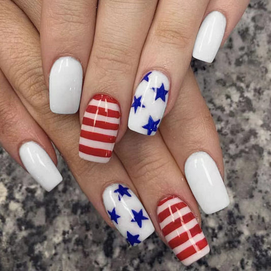 Patriotic Glamour Medium Square Glossy White Red and Blue Flag Design Press On Nail Set