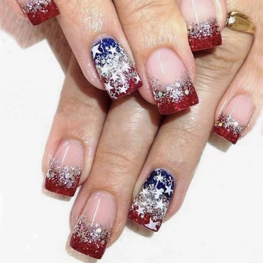 Patriotic Starry Medium Square Red and Blue Ombre Press-On Nail Set with Glittering Accent