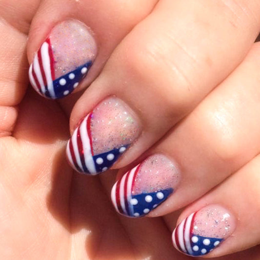 Patriotic Charm Short Round Red Blue Glitter Ombre Nail Set