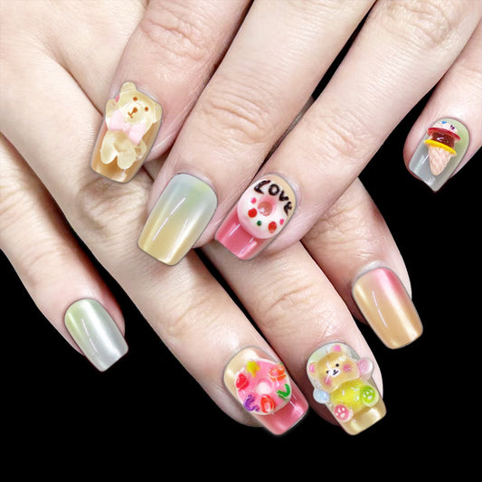 Whimsical Delight Medium Square Ombre Pastel Press On Nail Set Featuring Cute Bear and Sweet Treat Designs