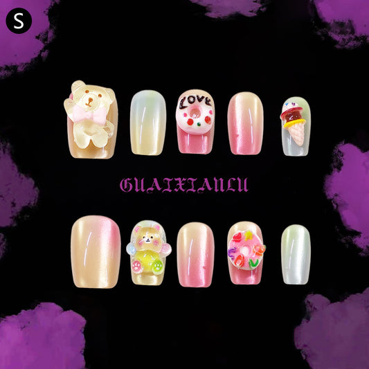 Whimsical Charm Glossy Medium Square Multicolor Cute Bear and Sweet Treats Nail Set