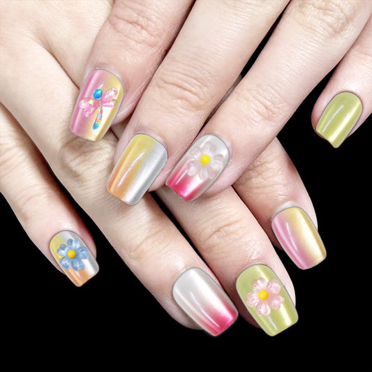 Spring Blossom Ombre Medium Square Colorful with Floral Accents Press-On Nail Set
