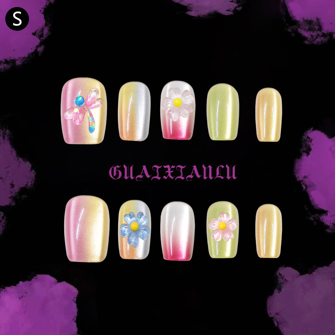 Set of decorative nail art sheets with floral designs on a black background with purple splotches.