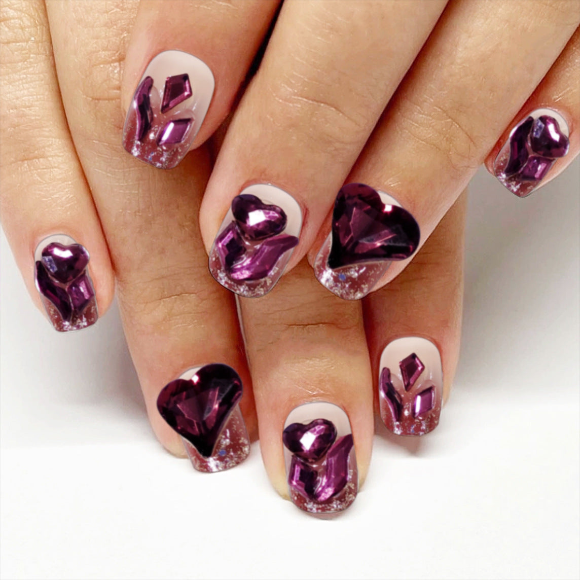 Cosmic Romance Medium Square Purple Gem Press On Nails with 3D Heart Charms