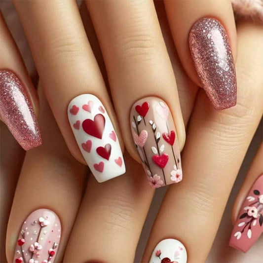 Romantic Heart Blossom Medium Square Pink Glitter Press On Nail Set with Floral Art Design