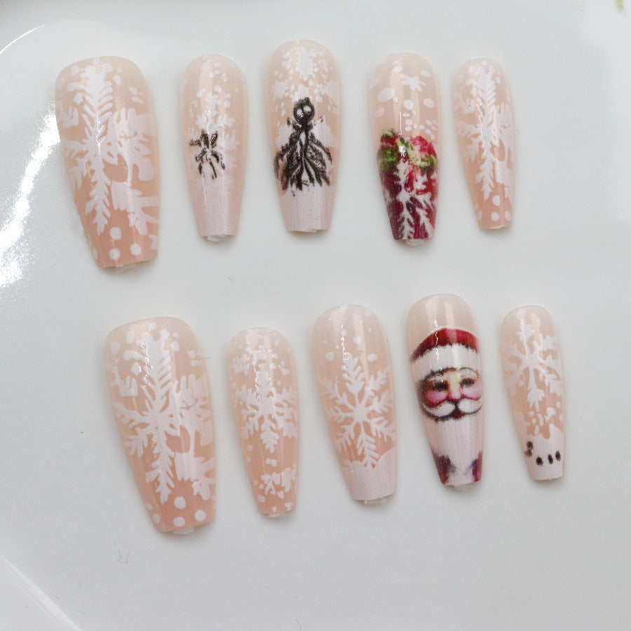 Winter Wonderland Medium Coffin Beige Nails with Snowflake and Holiday Designs