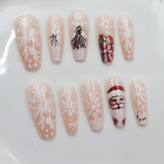 Winter Wonderland Medium Coffin Beige Nails with Snowflake and Holiday Designs