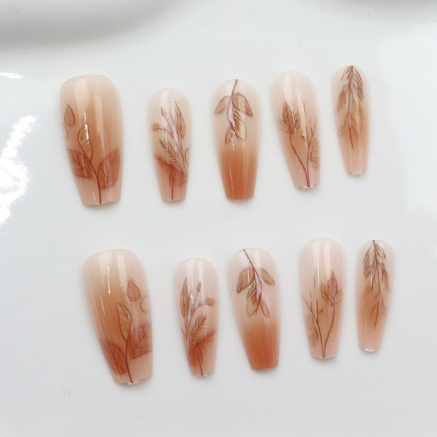Botanical Bliss Long Coffin Beige Gradient with Leaf Art Press on Nail Set