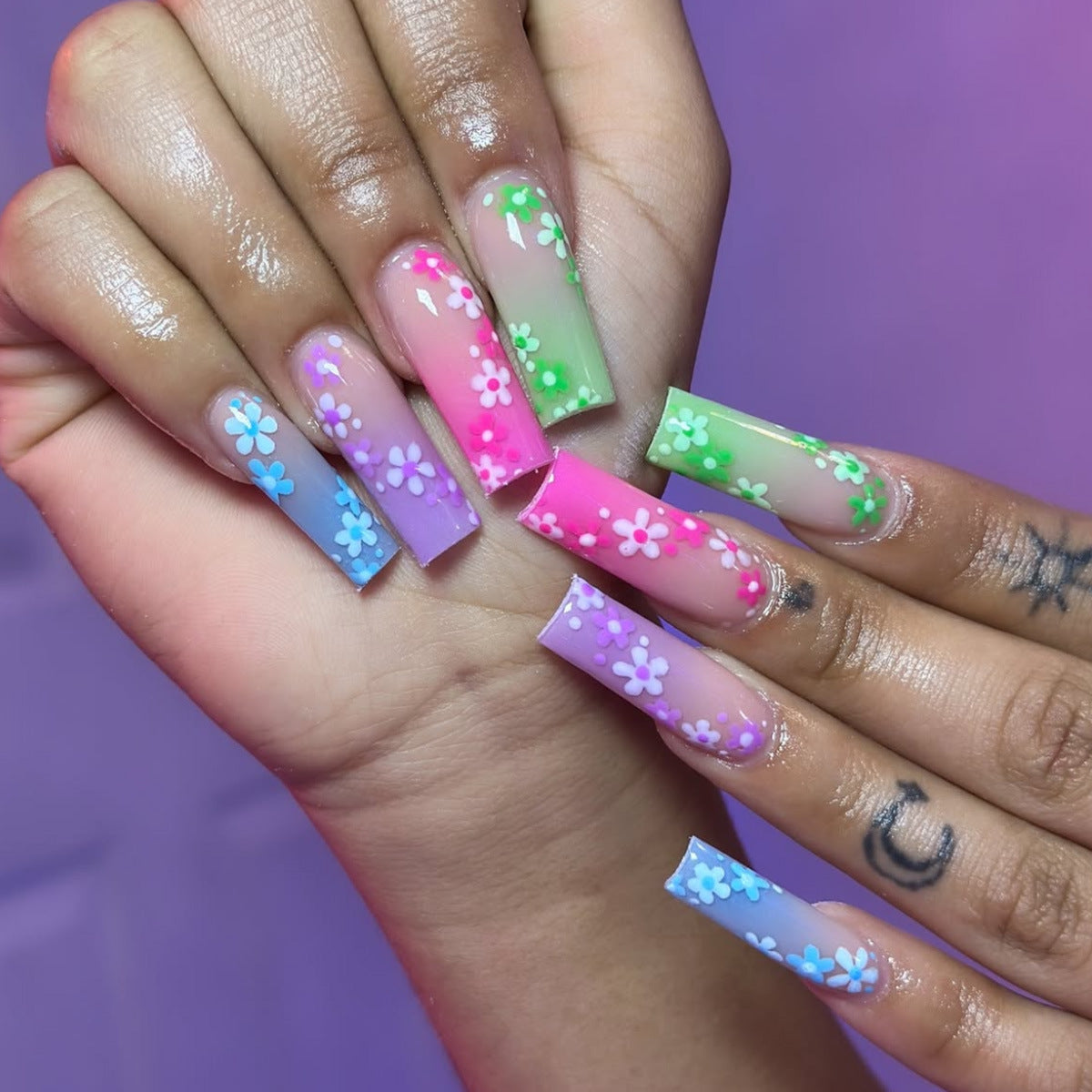 Whimsical Garden Extra Long Square Press On Nail Set Featuring Vibrant Pastel Colors with Charming Floral Accents