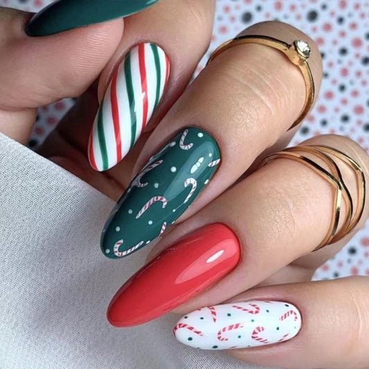 Candy Cane Delight Long Oval Christmas Multicolor Press On Nail Set with Festive Candy Canes and Stripes Design