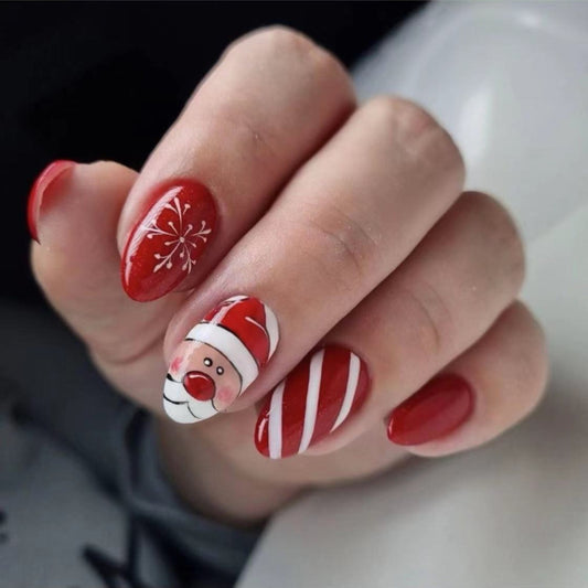 Festive Holiday Themed Medium-Length Oval Red Press On Nails with Santa & Snowflake Art