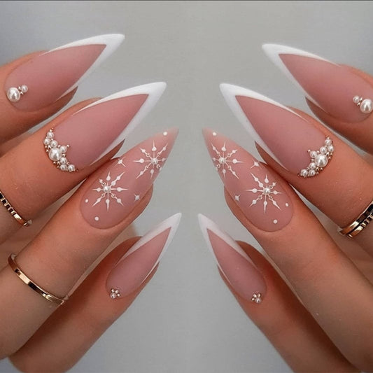 Elegant Bridal Bliss Long Stiletto Pale Pink Press On Nails with Rhinestone Accents and Snowflake Design