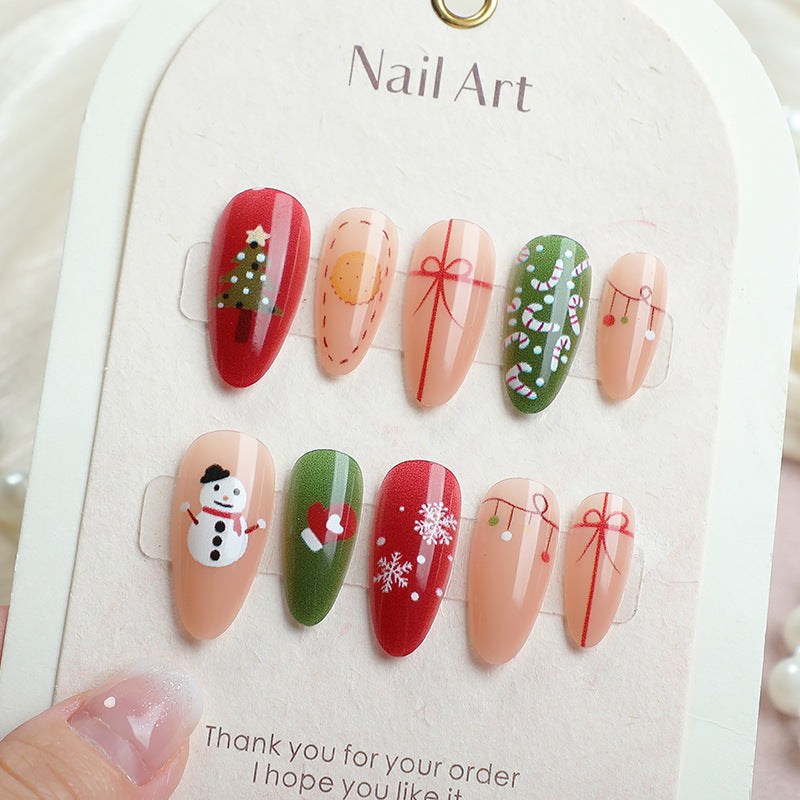 Festive Short Almond Green and Red Holiday Nail Art Set