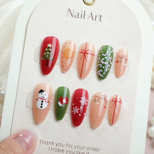 Festive Short Almond Green and Red Holiday Nail Art Set