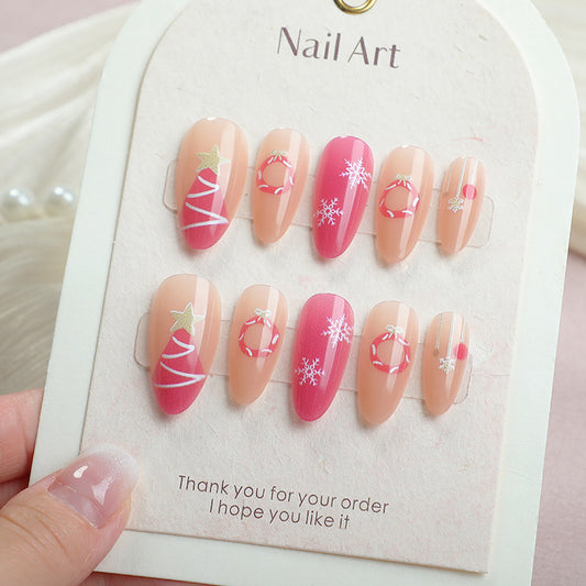 Festive Spirit Short Almond Pink with Glittering Holiday Designs Press On Nail Set