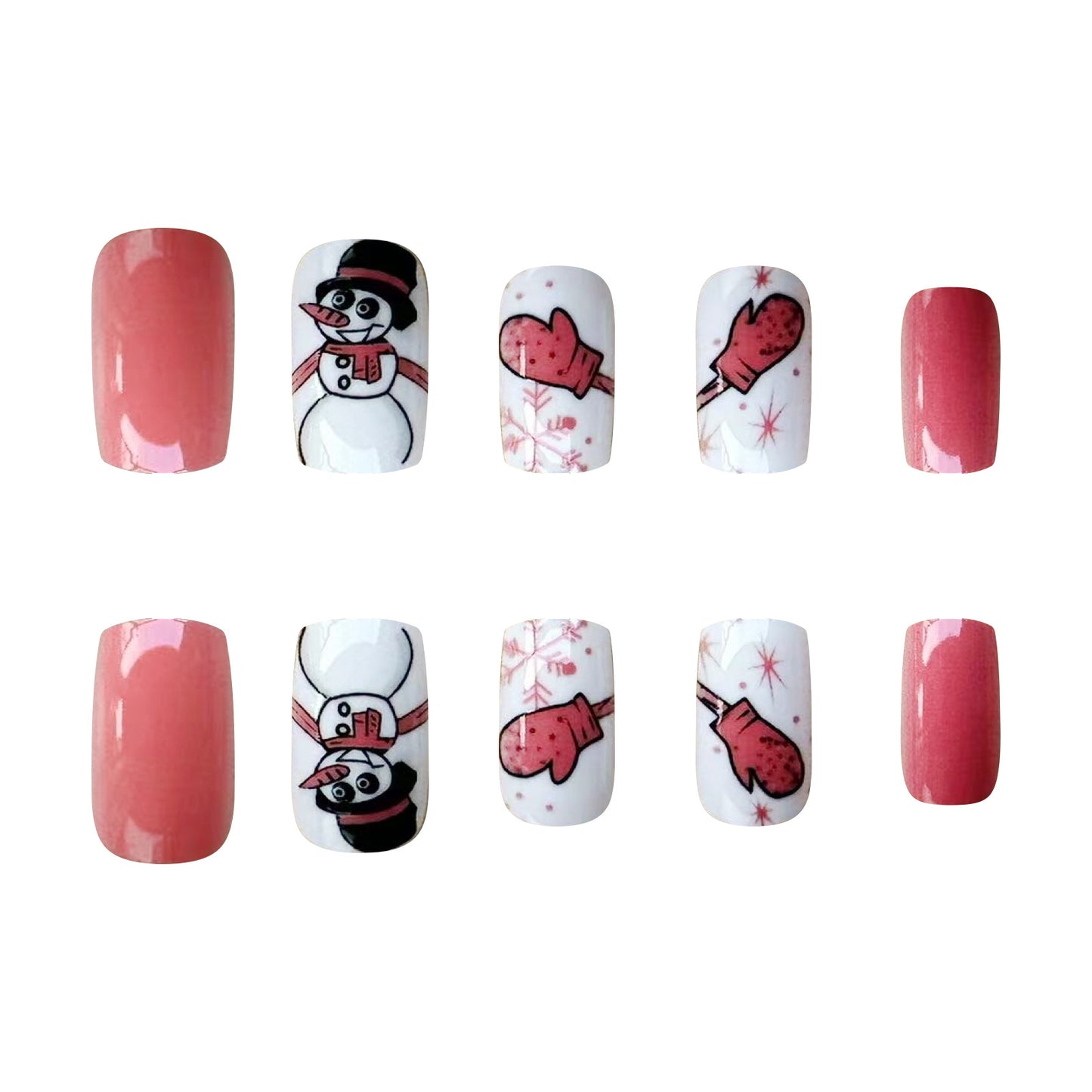 Winter Wonderland Press-On Nail Set in Short Length Square Shape Soft Pink and Whimsical Snowman Design