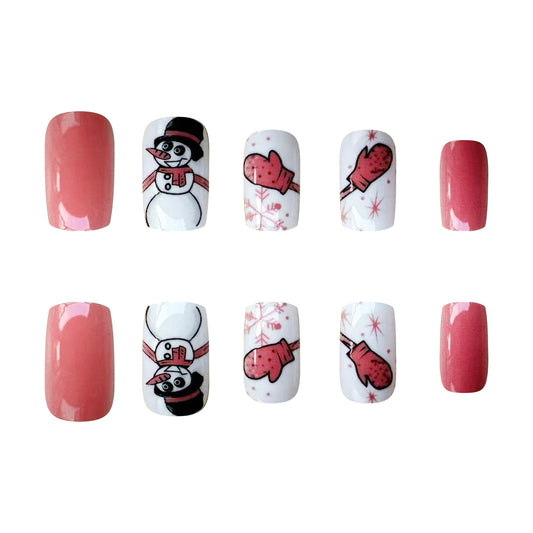 Winter Wonderland Press-On Nail Set in Short Length Square Shape Soft Pink and Whimsical Snowman Design