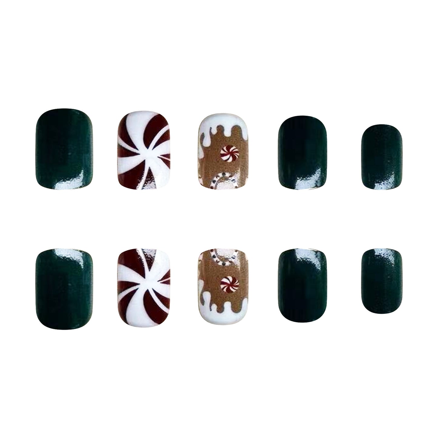 Festive Delight Medium Square Dark Green and Brown with Candy Cane Design Press On Nail Set