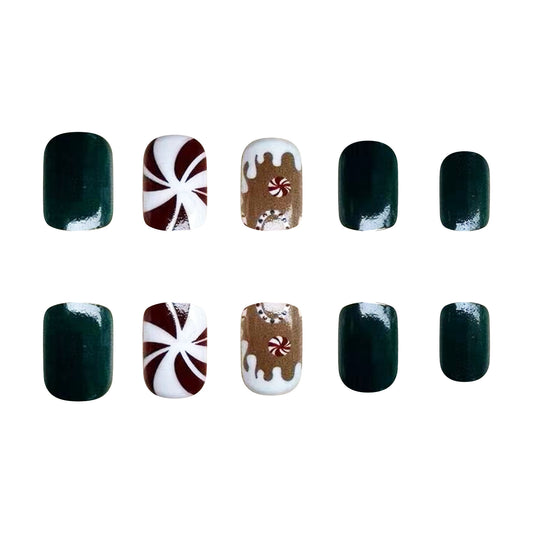 Festive Delight Medium Square Dark Green and Brown with Candy Cane Design Press On Nail Set