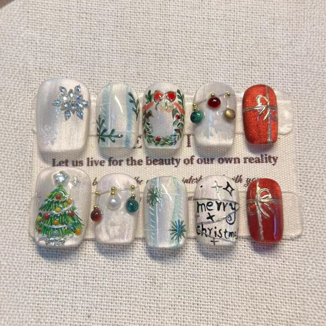 Festive Short Square White Nails with Unique Christmas Art Design