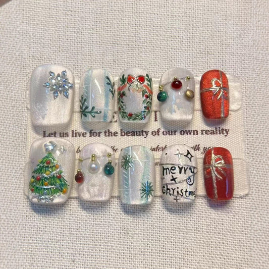 Festive Short Square White Nails with Unique Christmas Art Design