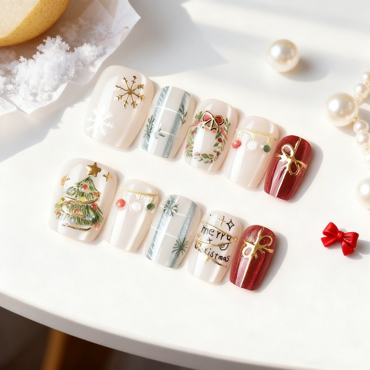 Festive Short Square White with Christmas Artwork Press on Nail Set