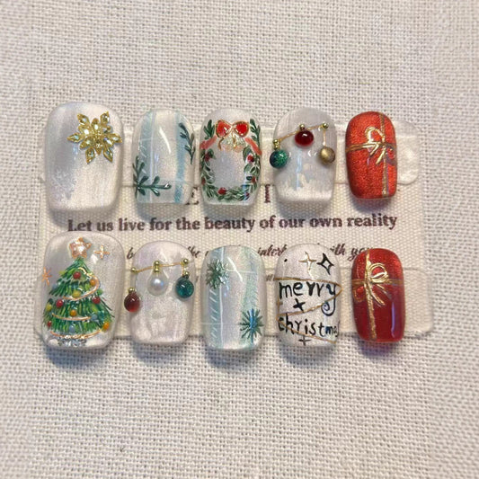 Festive Holiday Short Square White with Glittering Ornaments Press-On Nail Set