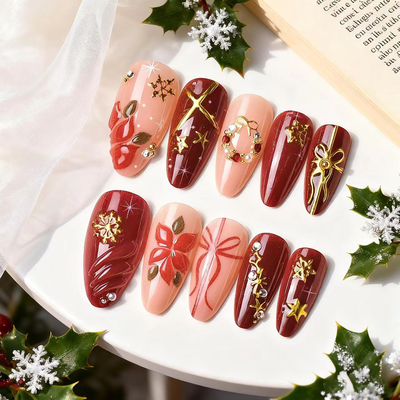 Festive Medium Almond Burgundy with Elegant Gold Accents Press on Nail Set
