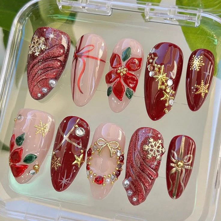 Festive Glamour Medium Almond Burgundy with Holiday Embellishments Nail Set
