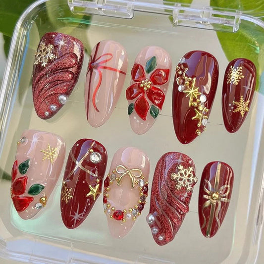 Festive Glamour Medium Almond Burgundy with Holiday Embellishments Nail Set