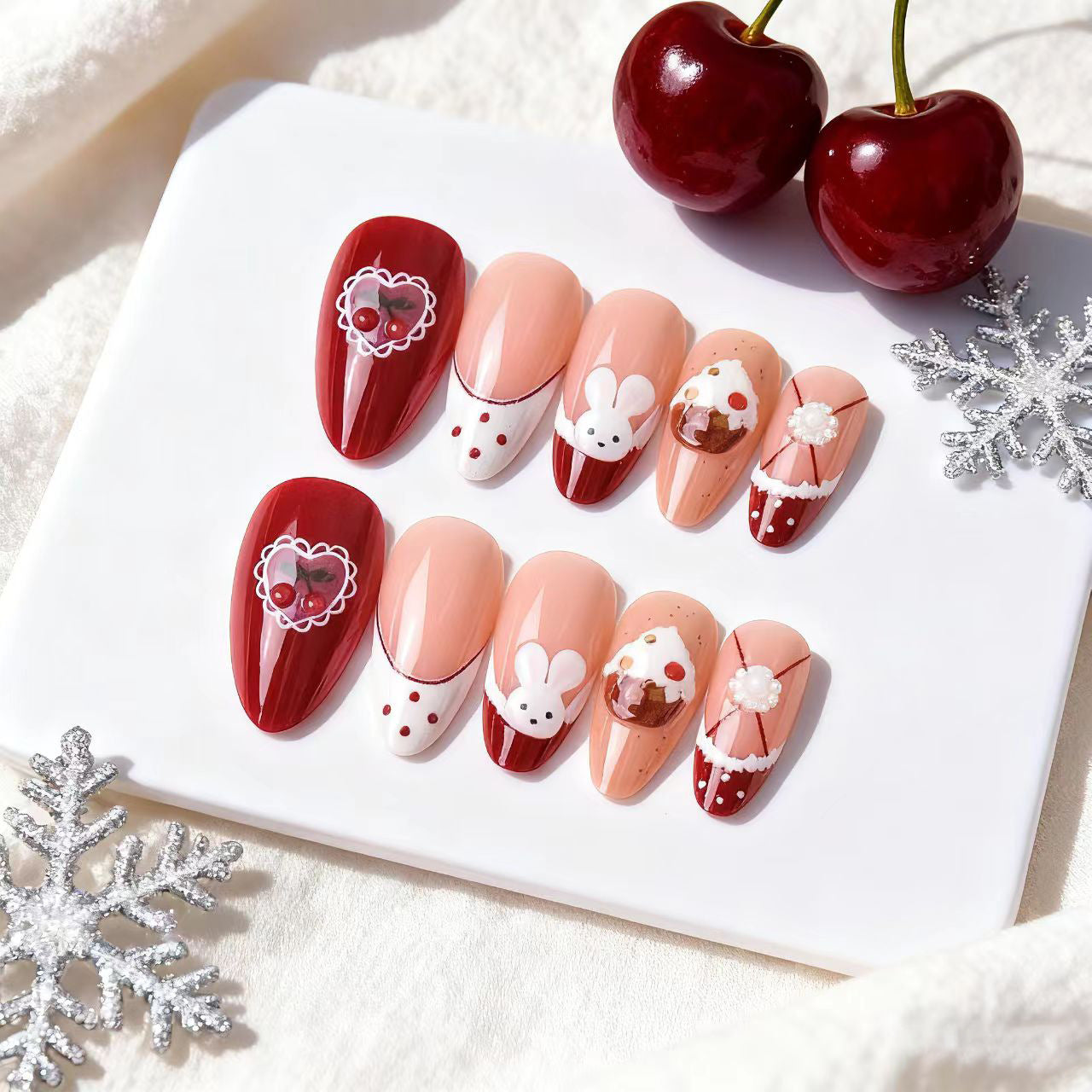 Cherry Blossom Delight Medium Almond Red with Whimsical Cartoon Accents Press On Nail Set