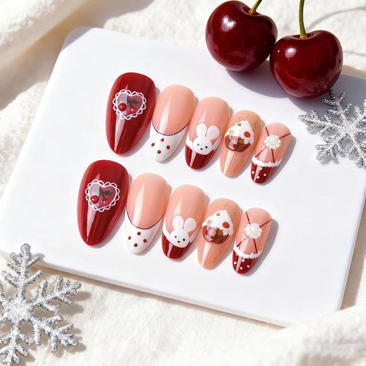 Cherry Blossom Delight Medium Almond Red with Whimsical Cartoon Accents Press On Nail Set