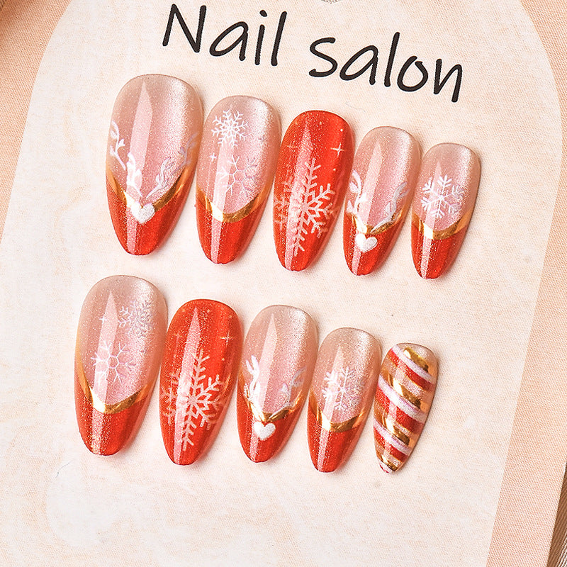 Festive Red Medium Stiletto Press on Nail Set with Sparkling Snowflake Design